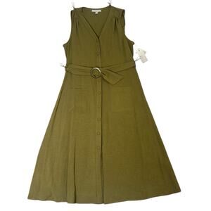 NWT Sharagano Olive Green Sleeveless Button Front Belted Shirtdress Womens Sz 12